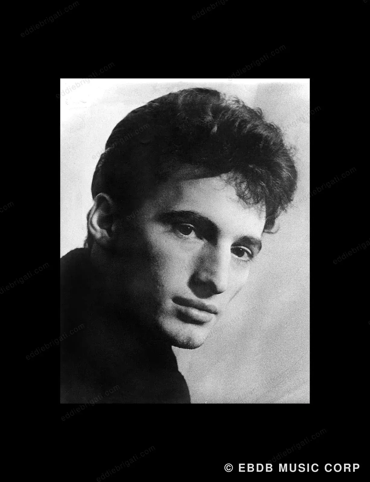A black-and-white studio portrait of a young David Brigati, dark curly hair, looking directly at the camera.