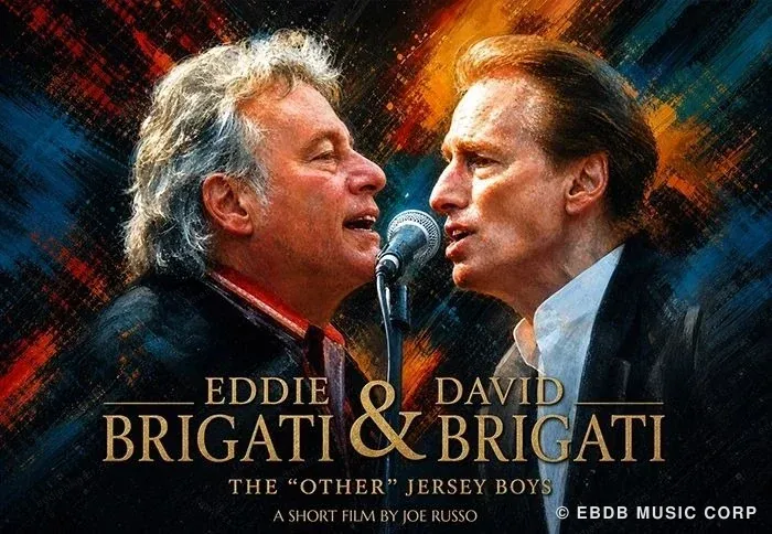 Poster art for the documentary 'Eddie & David Brigati: THE OTHER JERSEY BOYS,' showing painted portraits of the two brothers singing into a shared microphone.