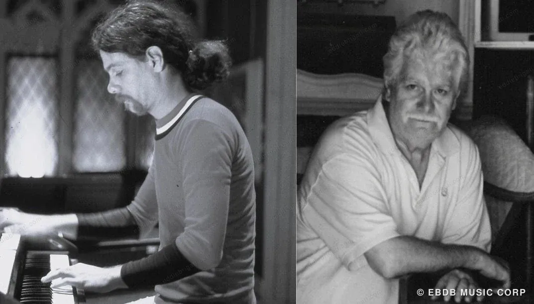 Two black-and-white photographs of Edwin Kobylarz side by side: as a young man playing piano in profile, and later in life in a half-length portrait.