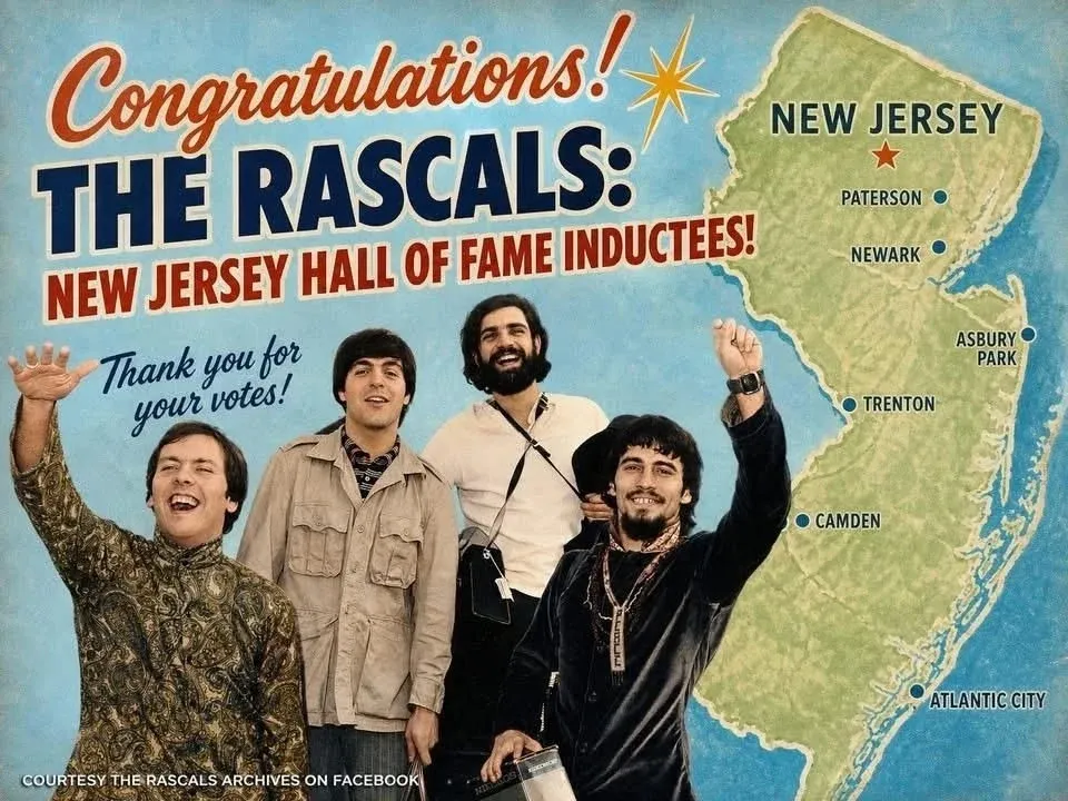 A promotional graphic reading 'Congratulations! THE RASCALS: New Jersey Hall of Fame Inductees, Thank you for your votes!' with a photograph of four band members and a map of New Jersey.