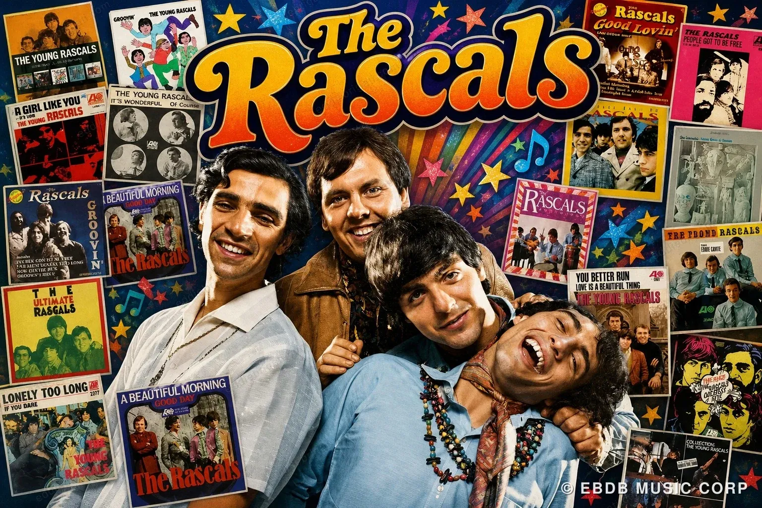 A collage of Rascals album sleeves and singles behind a colour photograph of the four band members, under a large puffy “The Rascals” logo with stars and musical notes.