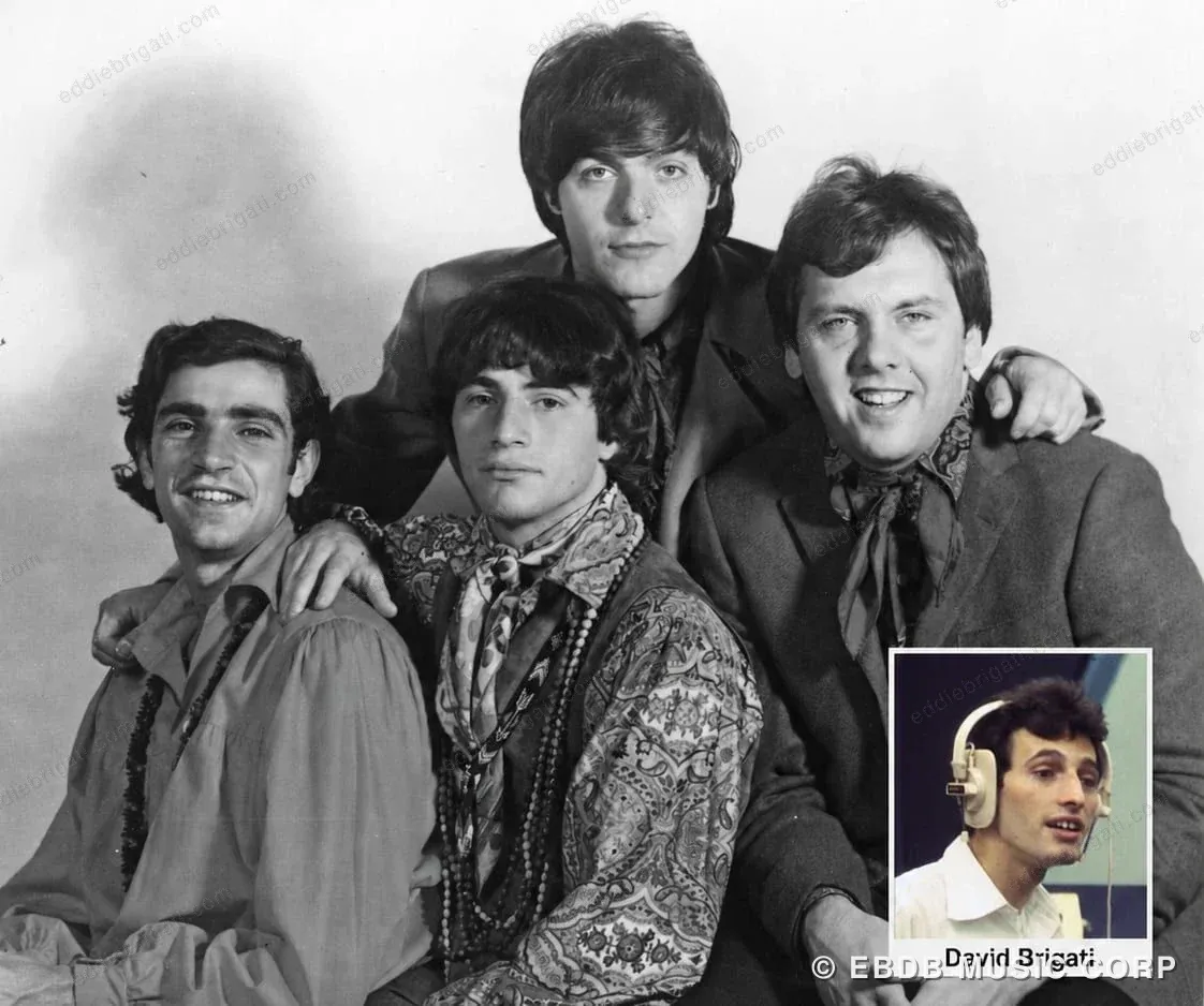 A publicity photograph of four young men, the Young Rascals, with an inset photograph of David Brigati wearing studio headphones, labeled 'David Brigati.'